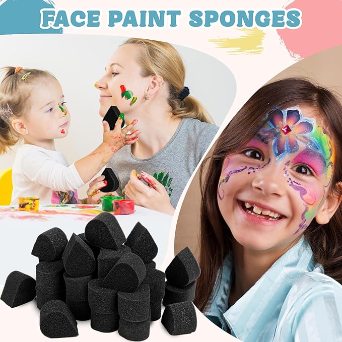 50 Pcs Face Paint Sponges for Kids and Adults Face Painting, Droplet Shaped Facial Makeup Use Paint Sponges, Black Facial Painting Kit Professional for Valentine's Day Gifts, Halloween Make Up Supply