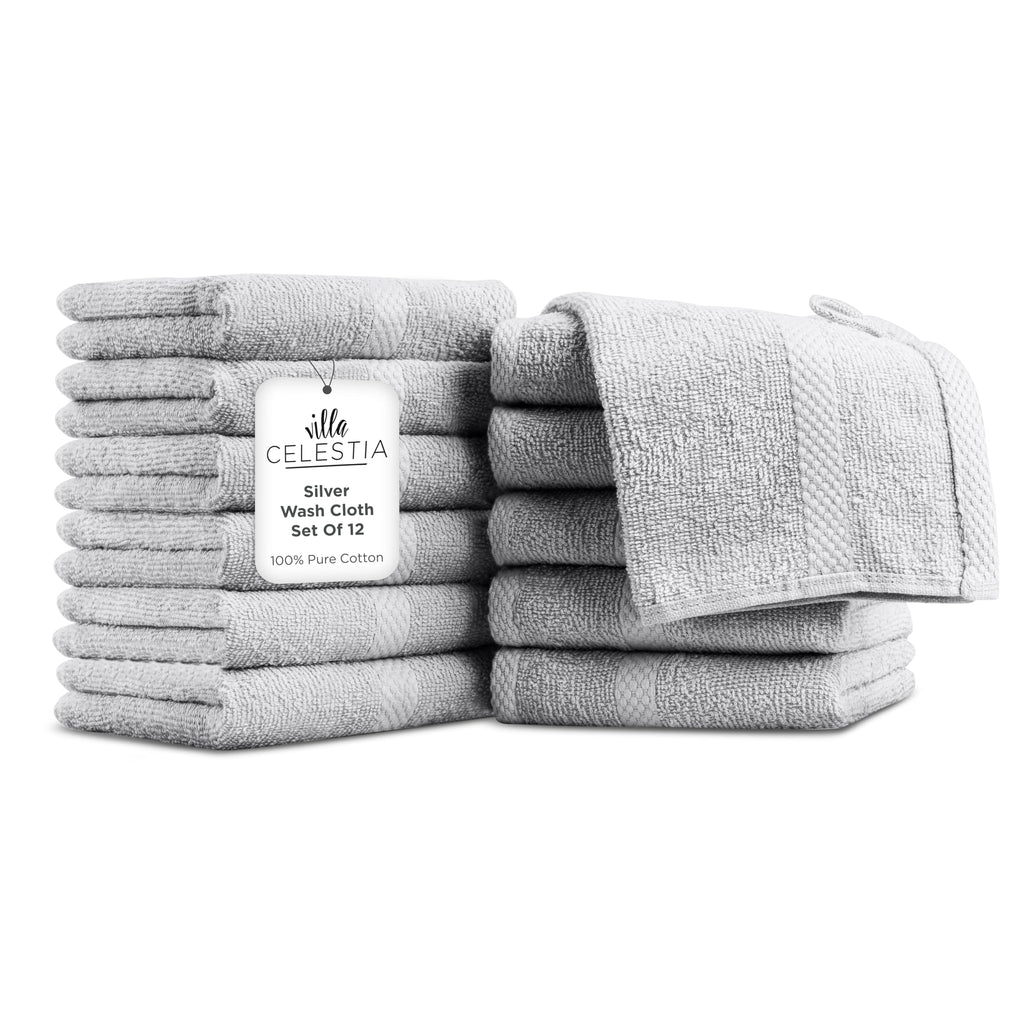 Villa Celestia Cotton Washcloths Set of 12, 12x12 Inch, 100% Ring-Spun Combed Cotton, Soft Absorbent Quick-Dry Wash Cloths for Face and Body, Oeko-TEX Certified, Hotel & Spa Quality, Silver Grey