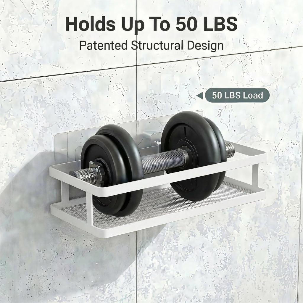 PUSDON 2-Pack Minimalist Shower Caddy Wall Mount, Open Frame Bathroom Shelf Organizer with Mesh Base, Rustproof Floating Spice Rack for Kitchen, Holds 50 LBS, 4 Hooks - White, Guardrail