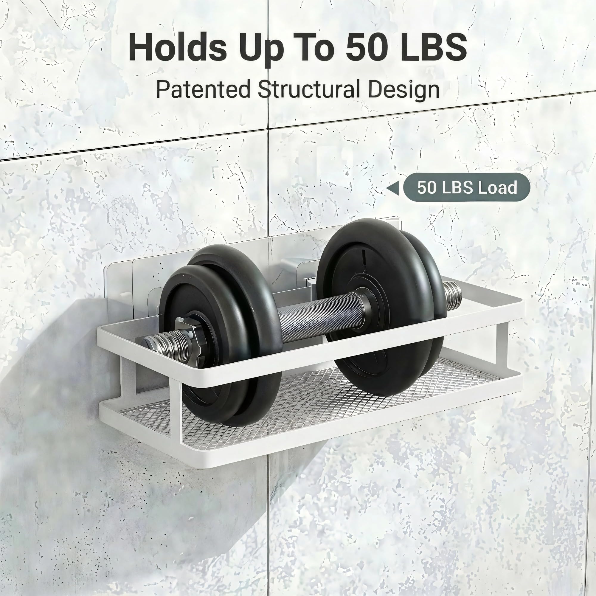 PUSDON 2-Pack Minimalist Shower Caddy Wall Mount, Open Frame Bathroom Shelf Organizer with Mesh Base, Rustproof Floating Spice Rack for Kitchen, Holds 50 LBS, 4 Hooks - White, Guardrail