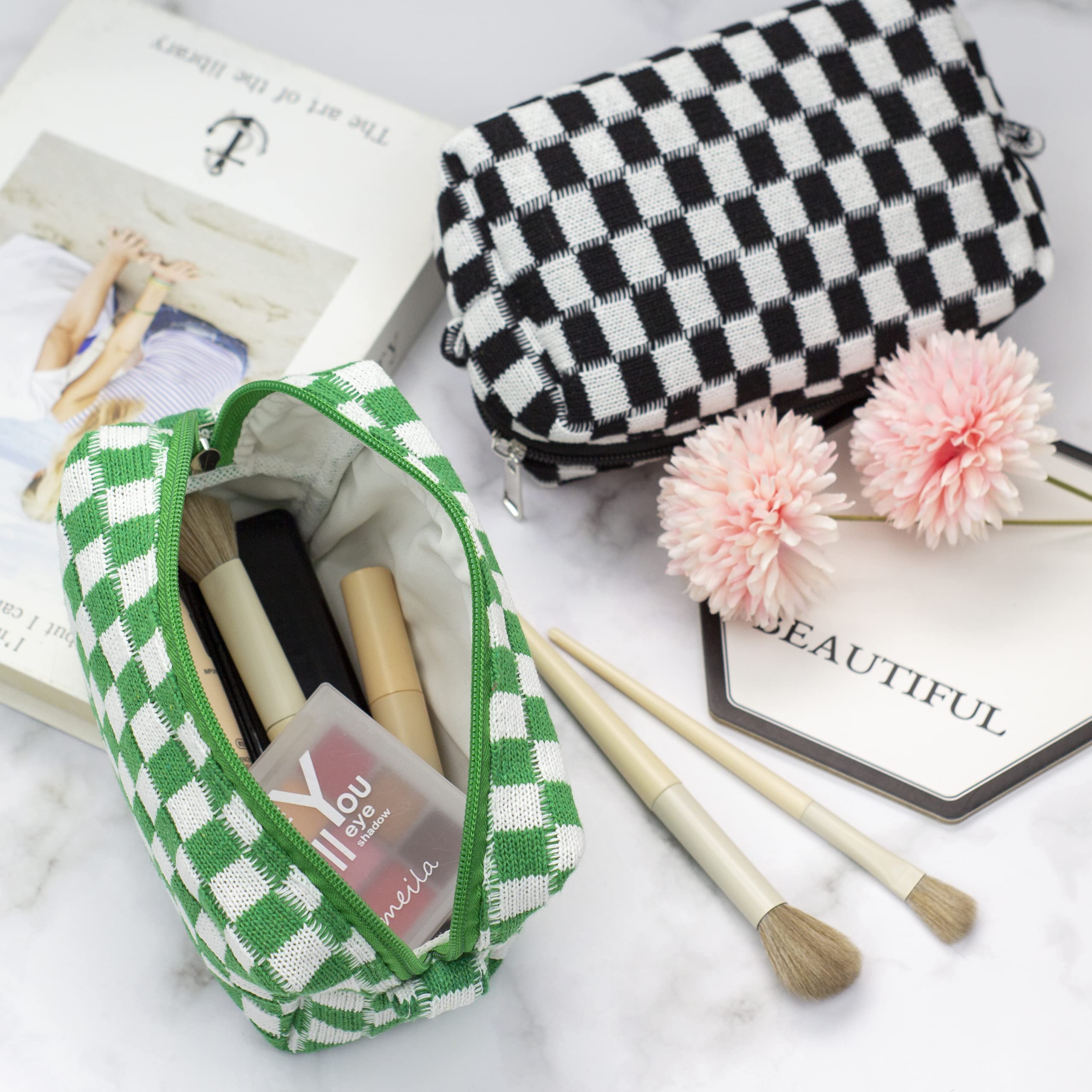 PAZIMIIK Checkered Makeup Bag for Purse Portable Zipper Make Up Pouch Small Cosmetic Case for Travel Accessories (2PCS Black Green)