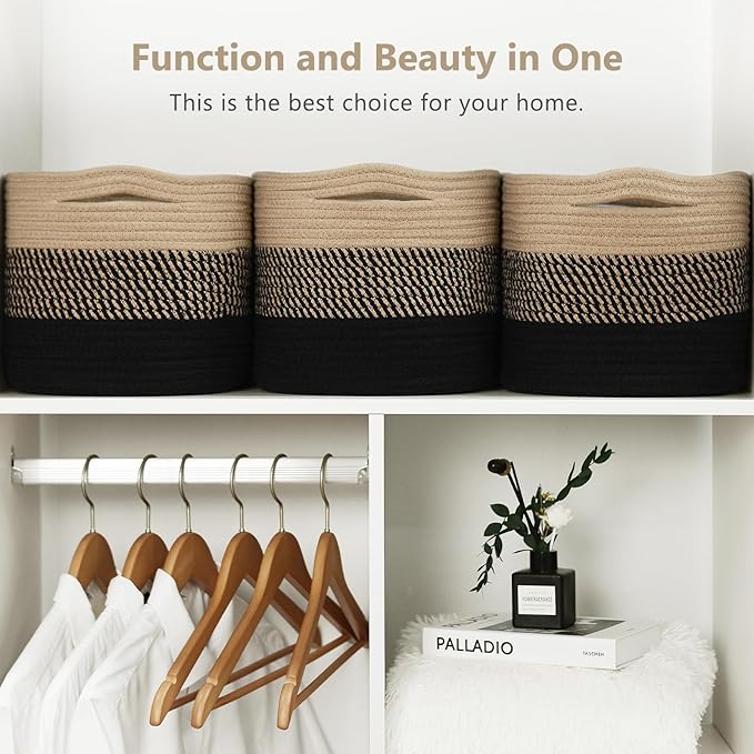 Cotton Rope Storage Basket, 15x10x9 Inches, Woven Basket for Shelves, Clothes, Towels, Books, and Laundry, Gradient Black/Brown (2 Pack)