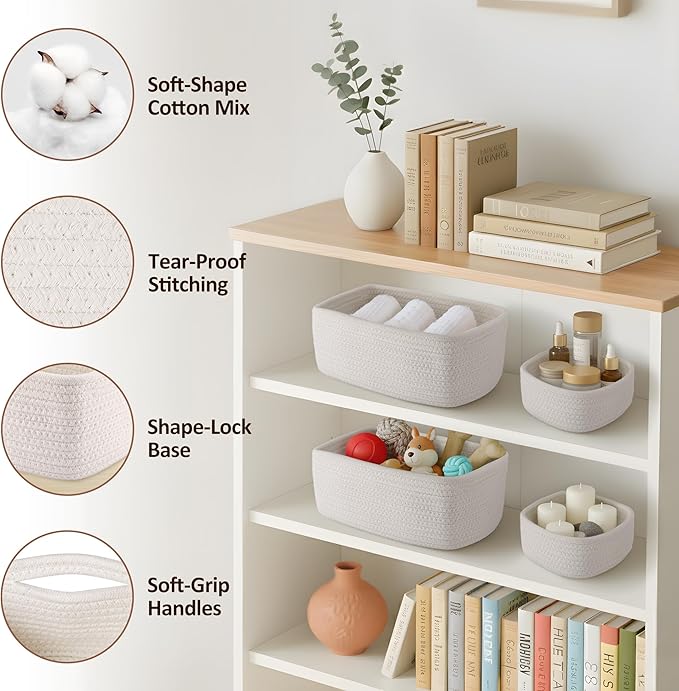 VIRETH HAUS 5-Pack Small Woven Rope Storage Baskets – 2 Sizes Organizer Bins for Closet, Shelf, Bookshelf, Nursery, Changing Table, Fabric Cube Boxes, Rectangular Shallow Bins for Bathroom, Toy & Home