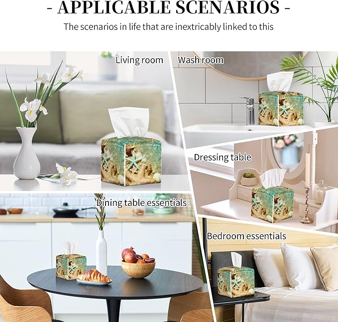 Starfish Seashell on Summer Beach Tissue Box Cover Square, Starfish Seashell Tissue Box Holder Waterproof Leather Facial Paper Organizer Dispenser for Bathroom Home Car Nightstand Vanity Desk