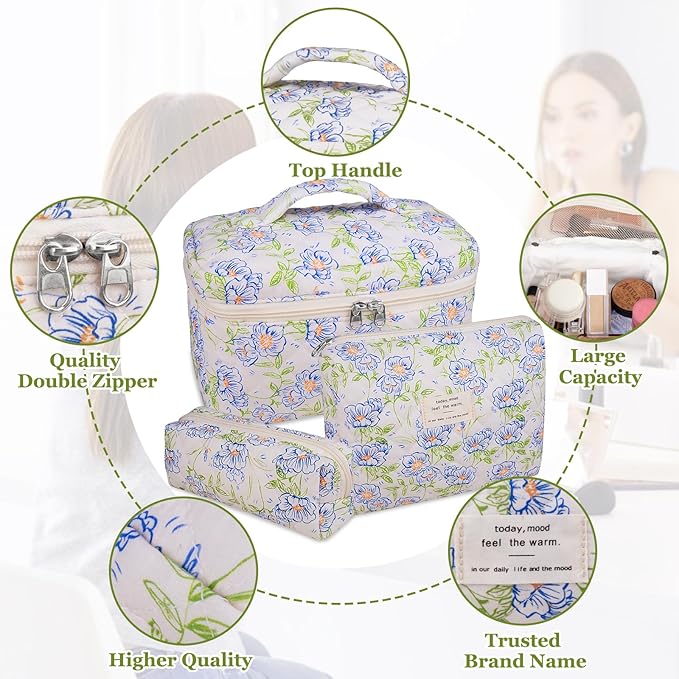 Gosect 3PC Makeup Bag Set, Quilted Makeup Bag, Large Floral Cosmetic Bag for Women, Cute Cotton Makeup Bags, Flower Travel Toiletry Organizer Bag (light blue)