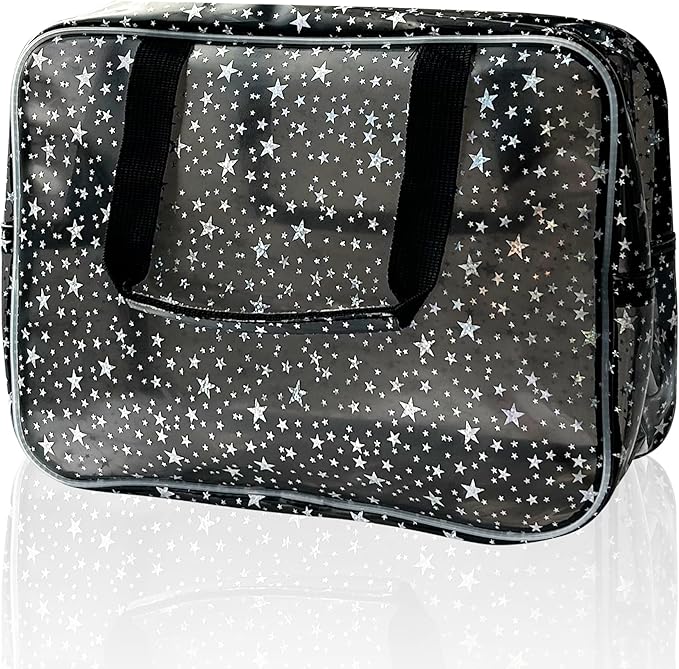 TotePrint Black Holographic Star Cosmetic Bag for Women 11.8x5.1x8.2 Inches Portable Travel Toiletry Bag with Handles,Durable PVC Material,Zipper Design-Ideal Large Clear Makeup Organizer