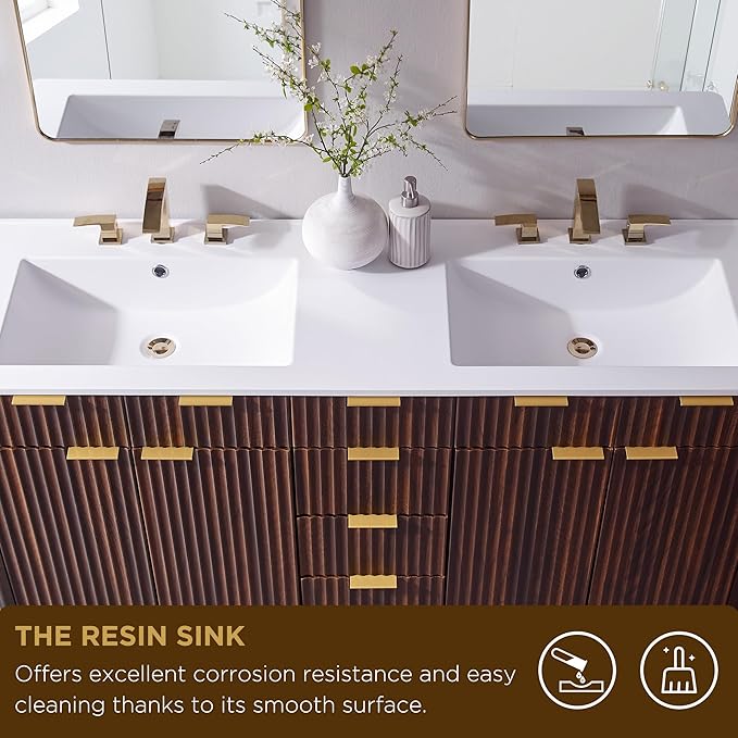 T4TREAM 60" Fluted Bathroom Vanity with Resin Sink Combo，Freestanding Modern Bathroom Storage Vanity Cabinet with Soft Closing Doors & 3 Drawers，Wood Grain Texture，Metal Handle，Dark Walnut