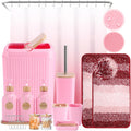 XLHOMO Bathroom Accessories,Bathroom Set with Shower Curtain,Rugs,Trash Can,Lotion Soap Dispenser,Toothbrush Holder,Soap Dish, Tags with Tray（Pink1 ），（Bath Set+Shower Curtain+Bath Rugs）