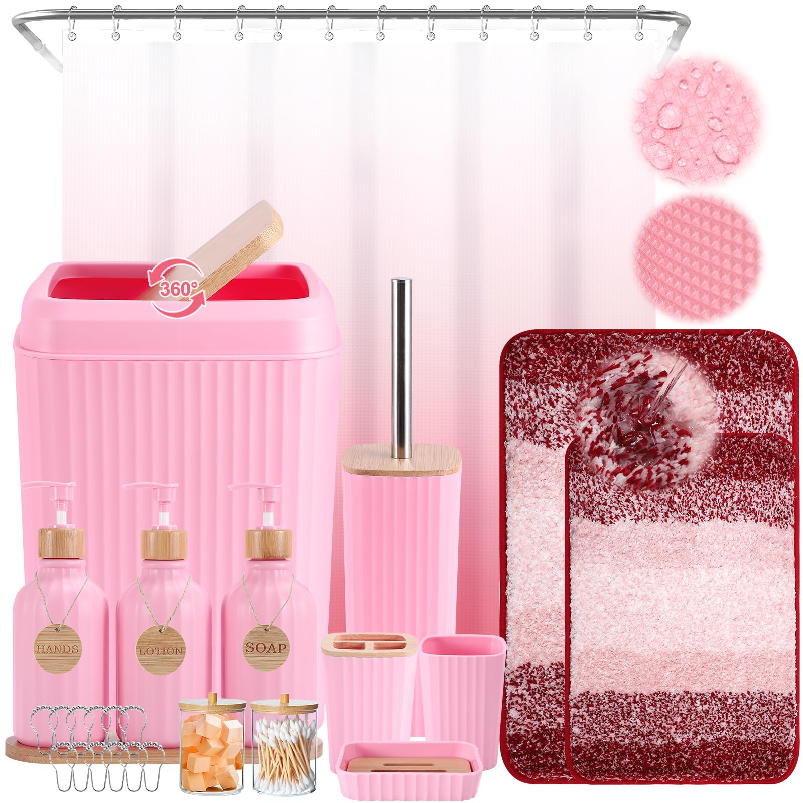 XLHOMO Bathroom Accessories,Bathroom Set with Shower Curtain,Rugs,Trash Can,Lotion Soap Dispenser,Toothbrush Holder,Soap Dish, Tags with Tray（Pink1 ），（Bath Set+Shower Curtain+Bath Rugs）