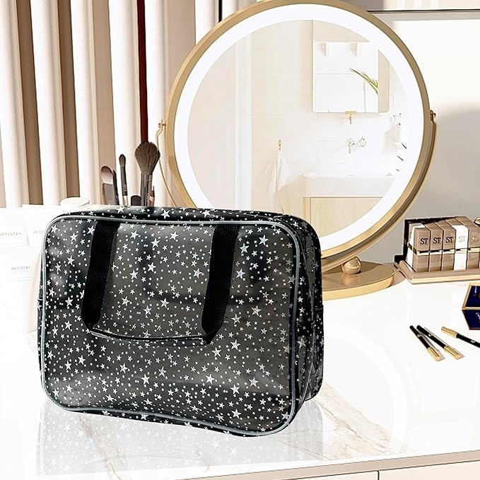 TotePrint Yellow Star Large Cosmetic Bag and Travel Pouch with Handle,Durable Material,Zipper Design-Ideal for Makeup,Travel Essentials