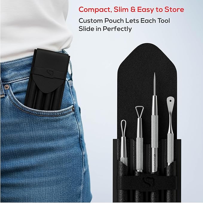 Suvorna Pimple Popper Tool Kit & Milia Remover, 4-Piece Stainless Steel Blackhead Extractor, Whitehead & Comedone Extractor with Lancets for Facial Extraction