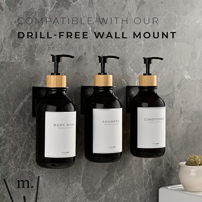 Shampoo and Conditioner Bottles Set of 3 Black Bamboo – Shower Shampoo Dispenser – Hotel Style Bathroom Upgrade by MaisoNovo