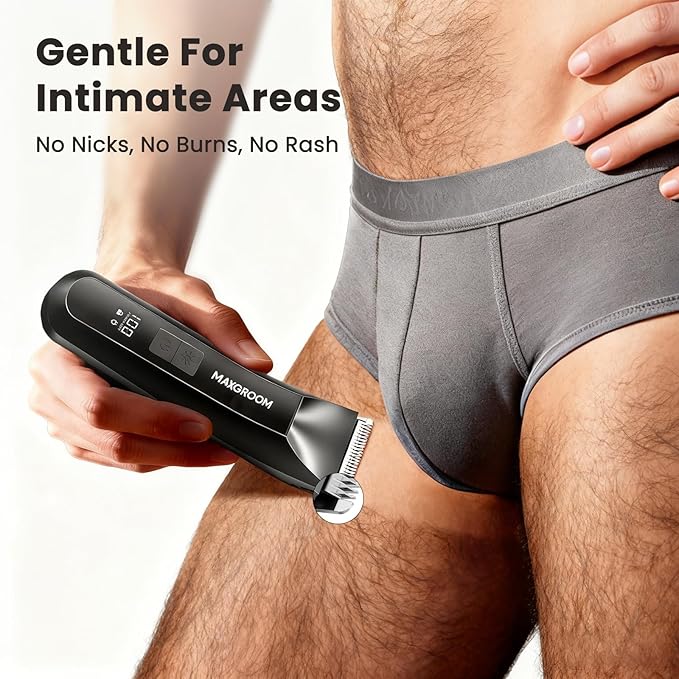 MAXGROOM Manscape 3-In1 Body & Pubic Hair Trimmer for Men, IPX7 Waterproof Ball & Groin Shaver with LED Light, Electric Razor with Travel Pouch & USB Rechargeable, Gifts for Men (Black)