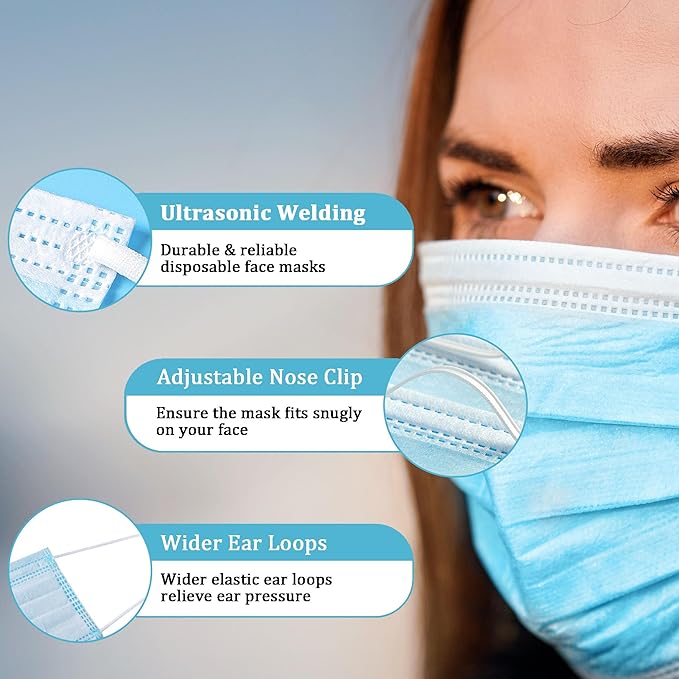 Disposable Face Masks 100 Pack, 3 Ply Breathable with Adjustable Nose Wire & Soft Ear Loops for Daily Use