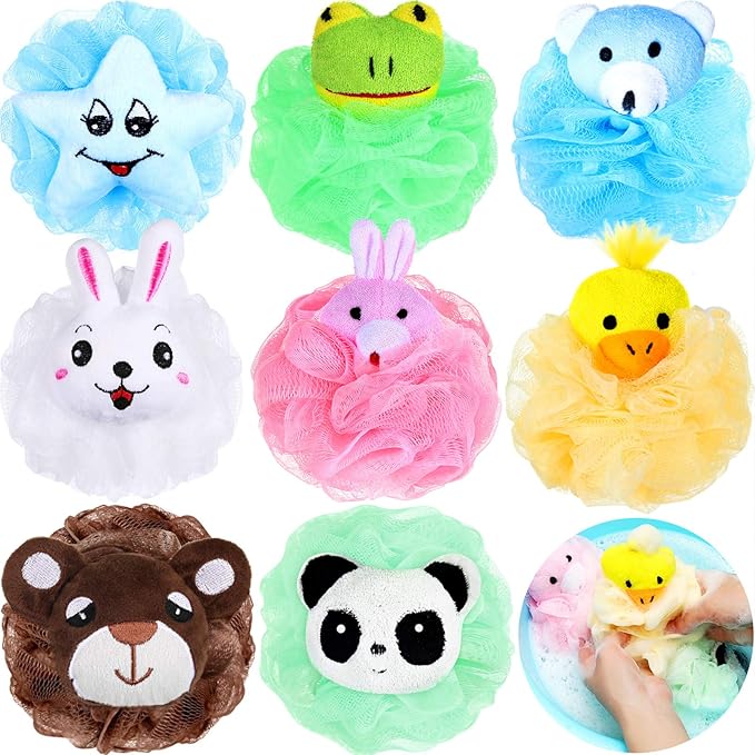 Boao 8 Pcs Animal Kids Loofah Bath Sponge, Cartoon Body Scrubber