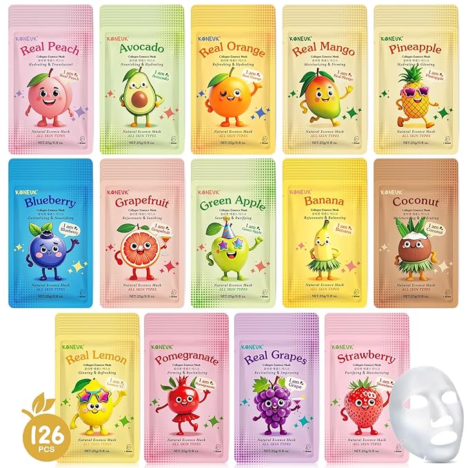 126 Pack Sheet Hydrating Face Masks Skincare for Women, Bulk Fruit Face Mask Skin Care for Kids, Facial Masks Set for All Skin Types, Sleepover Party Supplies, Spa Party Supplies for Girls Teens