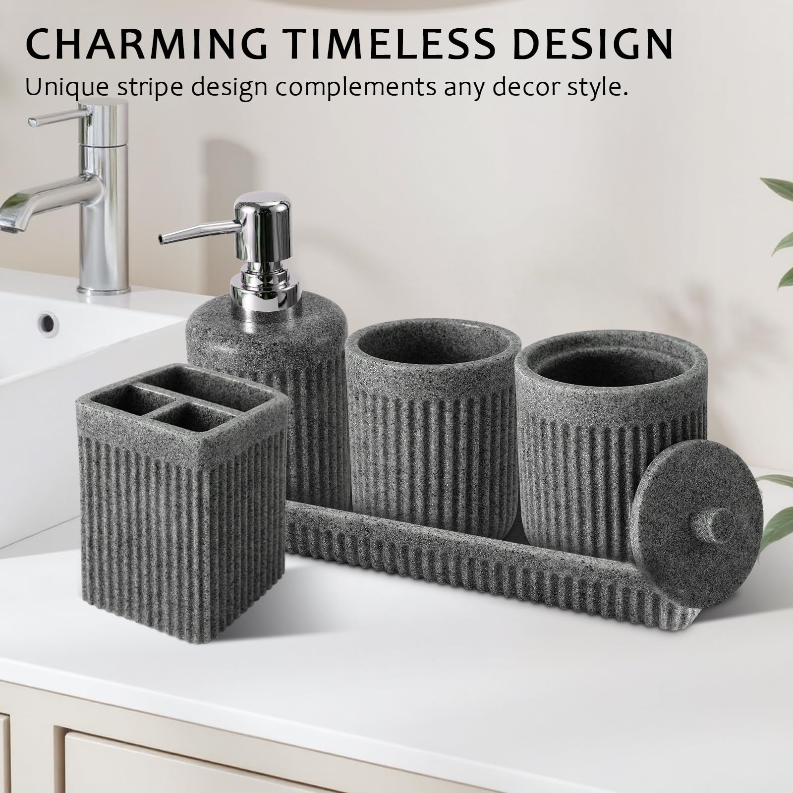 XLHOMO 8-Piece Grey Bathroom Sets with Shower Curtain and Rugs, Resin Bathroom Accessories Sets Complete with Soap Dispenser, Toothbrush Holder, Tumbler & Apothecary Jars Bathroom Essentials