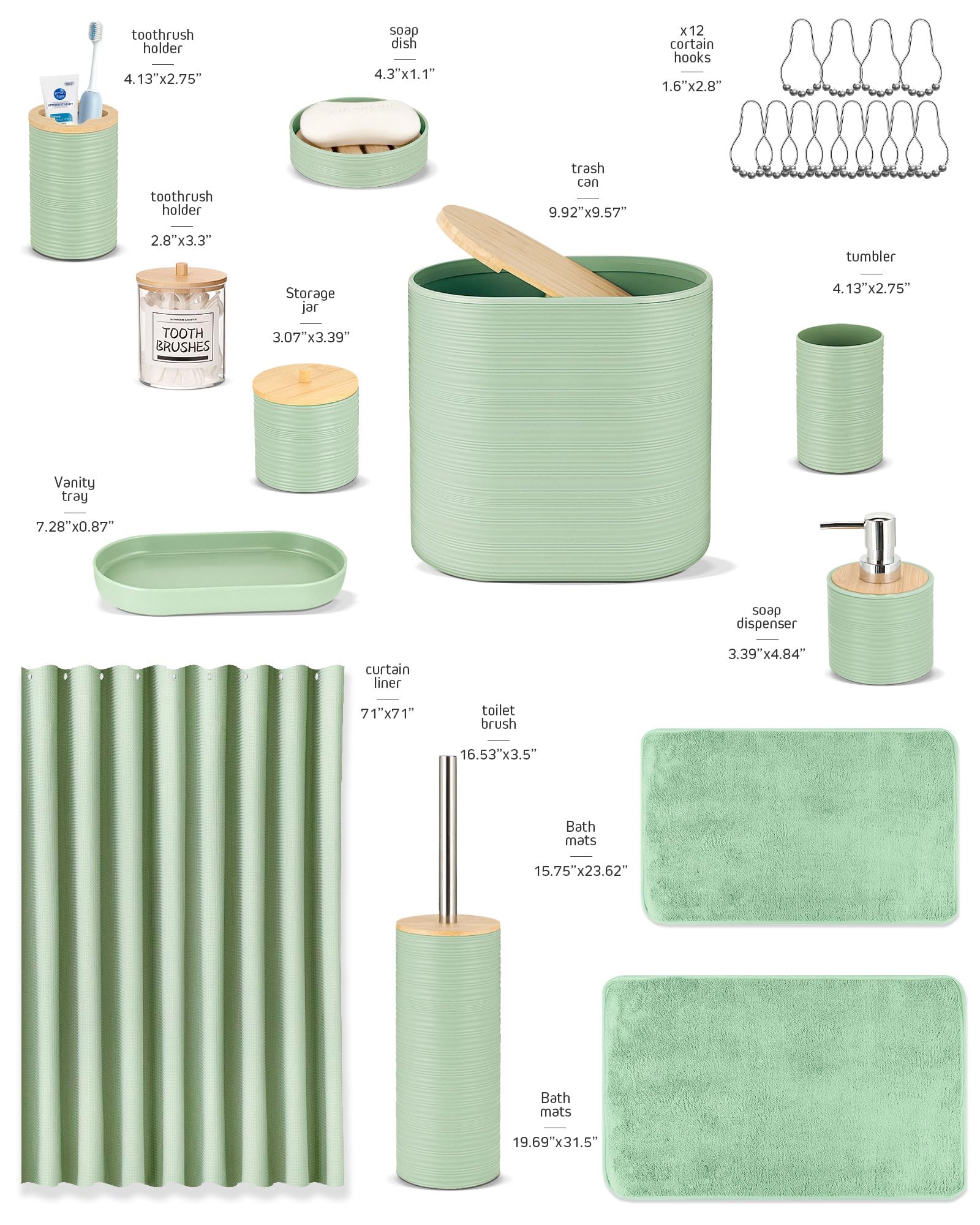 IMAVO Green Bathroom Set,26Pcs Bathroom Accessories Set with Waffle Shower Curtain,Rugs,Trash Can,Tray,Soap Dispenser,Soap Dish,Toothbrush Holder,Toothbrush Cup,Toilet Brush Holder and Qtip Holders