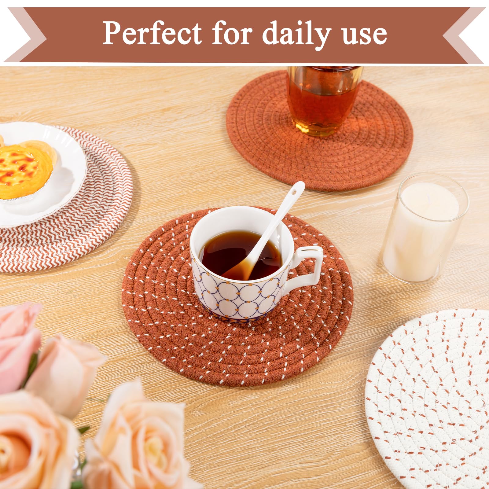 SHACOS 8 Inches Trivets for Hot Dishes, 4 Pieces Cotton Trivets Mats for Kitchen, Hot Pads for Countertops and Table, Heat-Resistant Pot Holders for Hot Pots and Pans(Dark Orange, 4pcs)