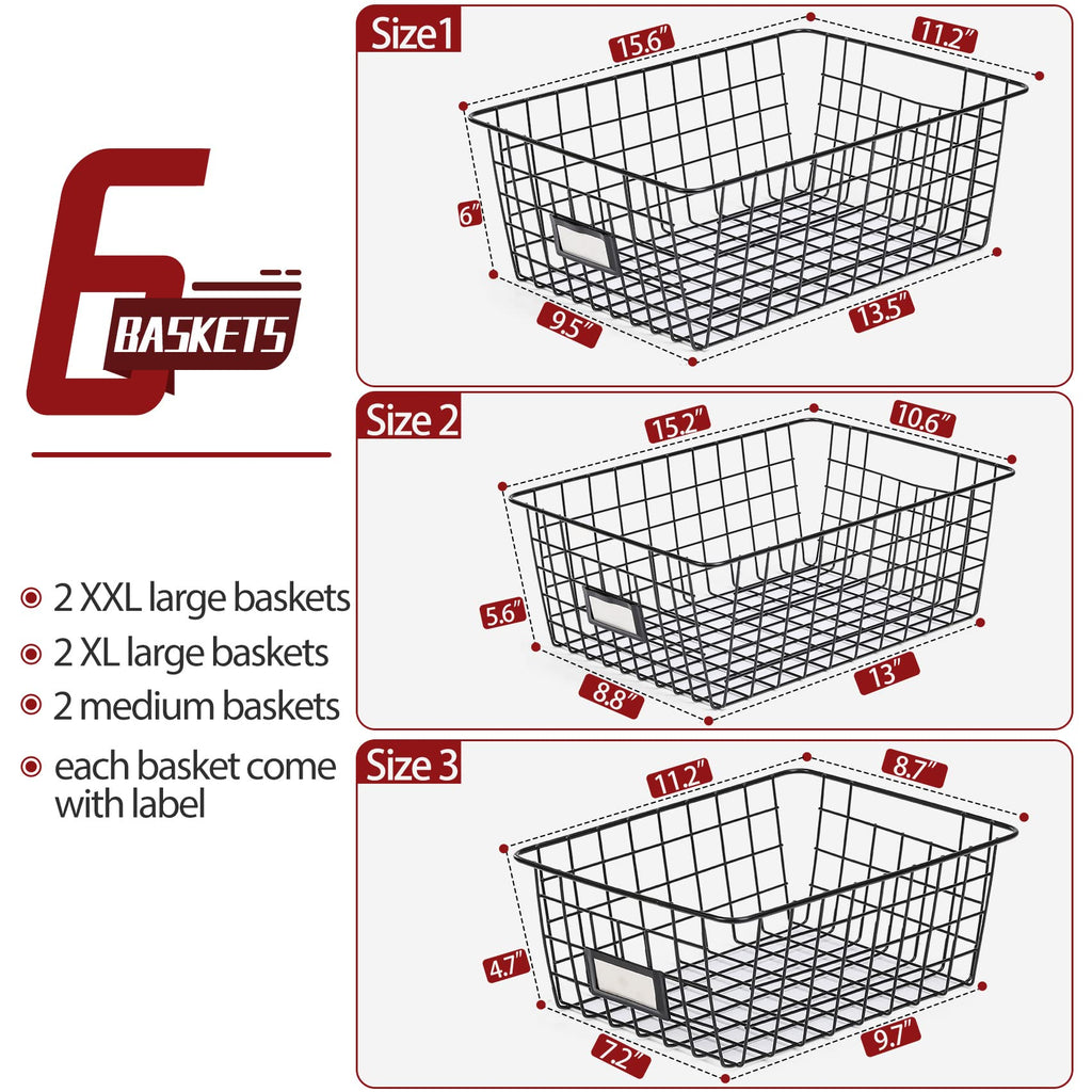 6 Pack Wire Baskets for Pantry Organization and Storage, Kitchen Organizer, 2 XXLarge & 2 XLarge & 2 Large