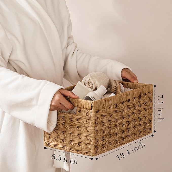 UBBCARE Storage Baskets with Label, Wicker Pantry Baskets for Shelves, Waterproof Woven Basket for Organizing, 2-Pack Plastic Rectangle Organizers with Handles,Natural (13.4L×8.3H×7.1W)