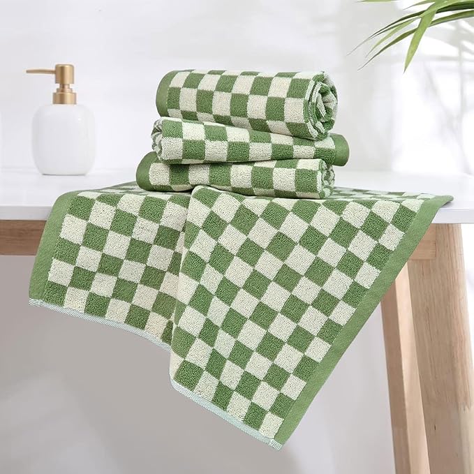 Wash Cloths Checkered 4 Pack (Green) - Cotton Washcloths for Face Body
