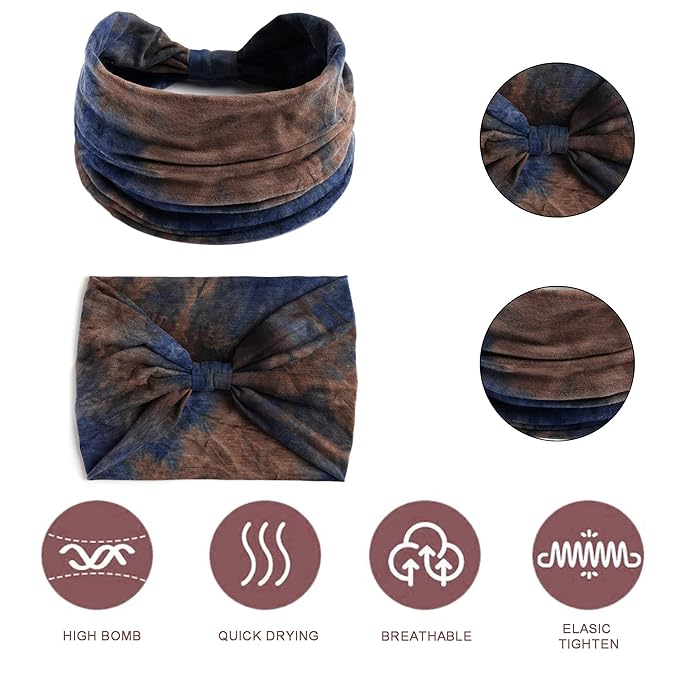 Boho Headbands For Women Fashion Stretch Wide Hair Bands Tie Dye Knoted Turban Head Bands Yoga Running Sweatband Elastic Headband Stylish Wrap Headbands Hair Accessories for Teen Girls 4 Pack