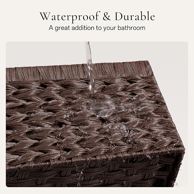 UBBCARE Storage Baskets with Label, Wicker Pantry Baskets for Shelves, Waterproof Woven Basket for Organizing, 2-Pack Plastic Rectangle Organizers with Handles, Dark Brown (16.5L×13W×7.5H)