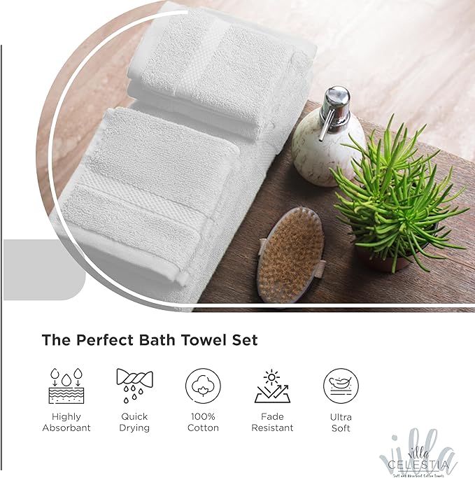 100% Combed Cotton Bathroom Towel Set of 10-2 Bath Towels, 4 Hand Towels, 4 Wash Cloths, Sustainable, Soft, Highly Absorbent 10 Piece Cotton Bath Towel Set Ideal for Hotels, Spa, Bathroom, Dorm, White