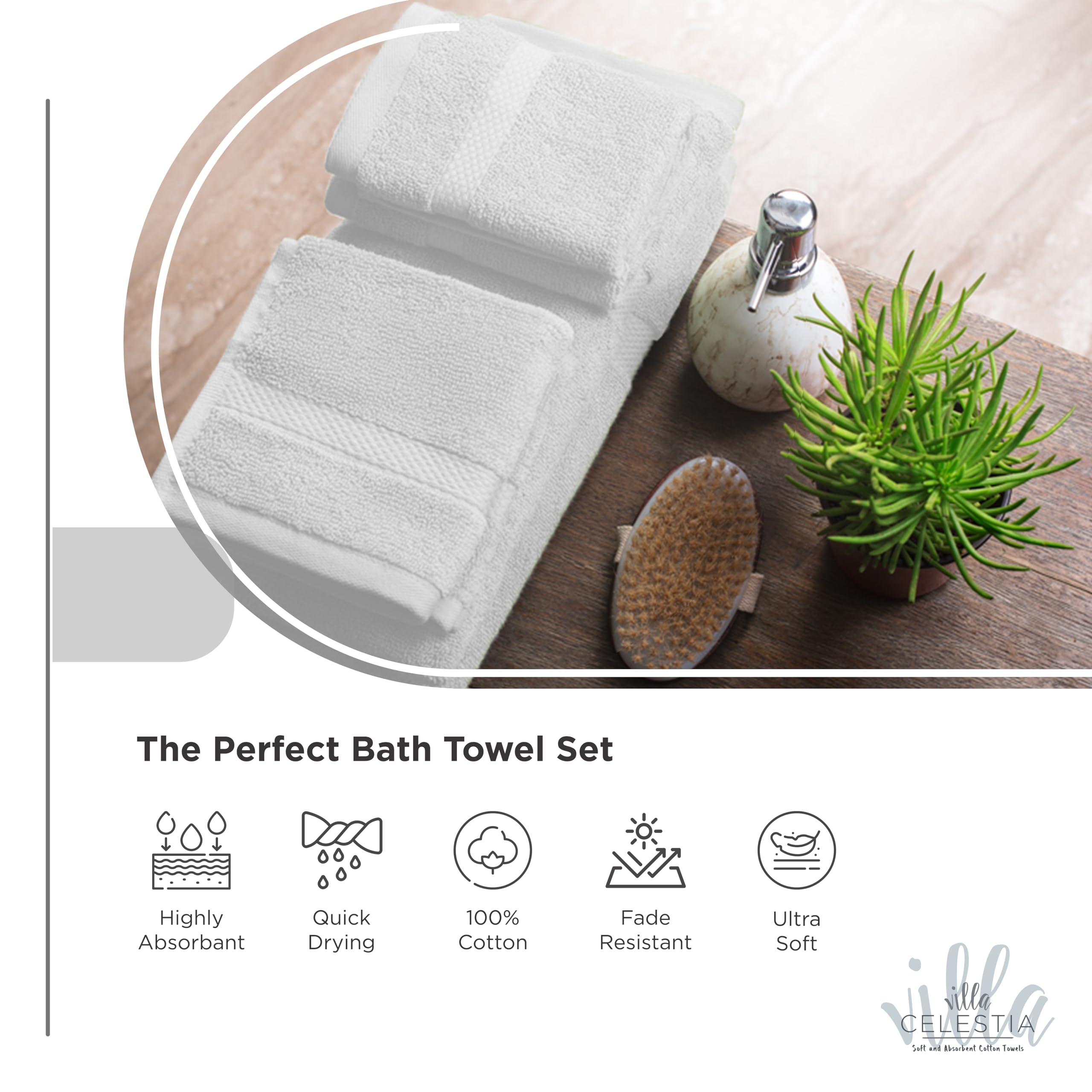 Villa Celestia 8-Piece 100% Cotton Towel Set, 2 Bath Towels, 2 Hand Towels, 4 Wash Cloth, Quick-Dry, White