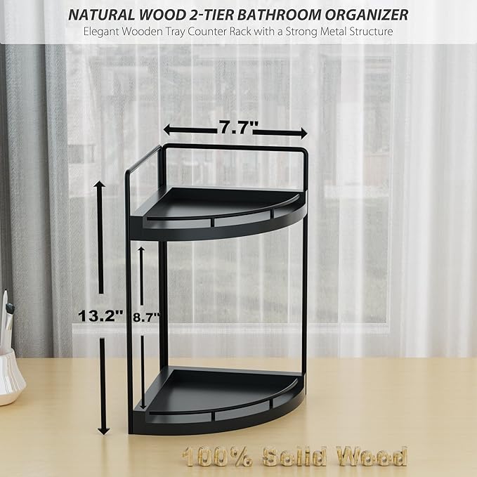CeleVista Corner Bathroom Counter Organizer, 2 Tier Wood Vanity Storage, Waterproof Skincare Shelf for Kitchen & Toiletries Decor, Dresser (Black-2 Tier)