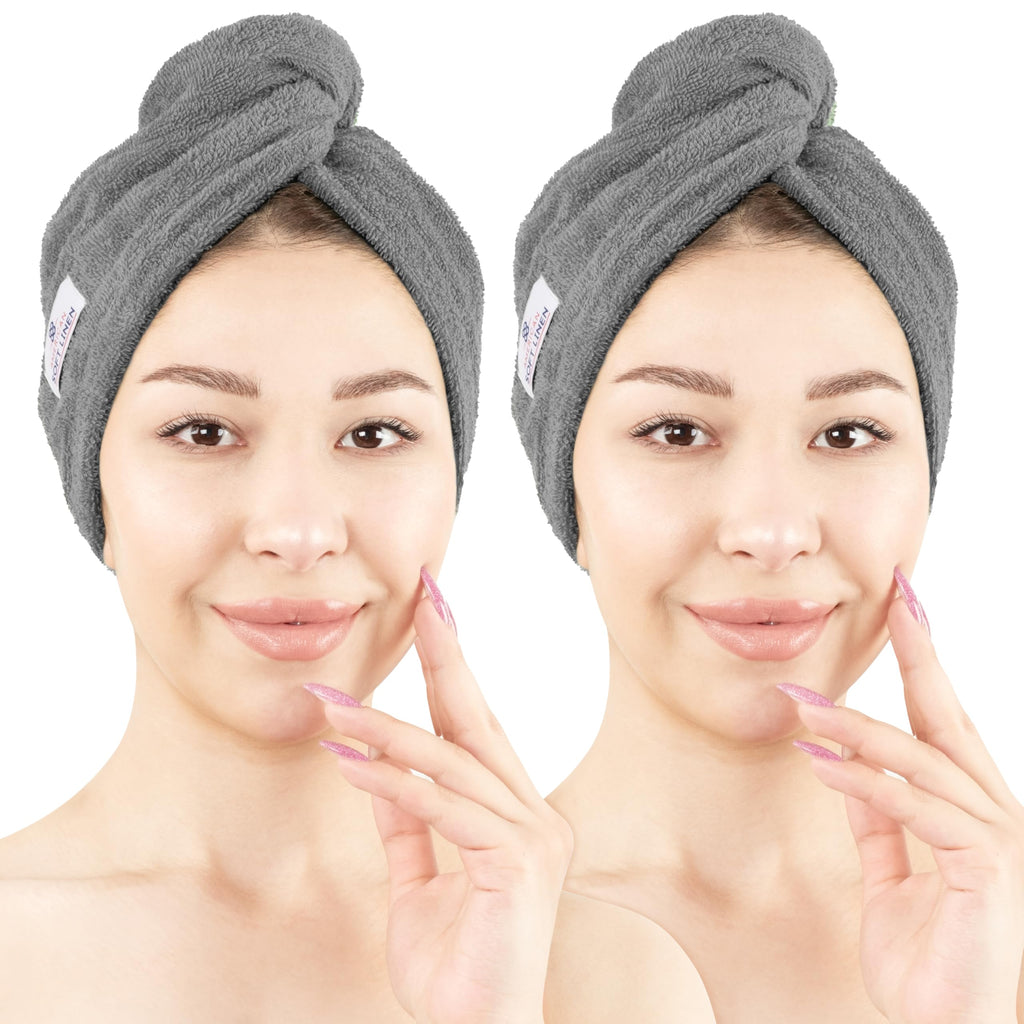 American Soft Linen 100% Cotton Hair Towels for Women, Head Towel Cap, Cotton Hair Turban Towel Wrap for Long Curly Anti Frizz Hair, Soft and Absorbent Cotton Hair Towels 2 Pack, Dark Gray