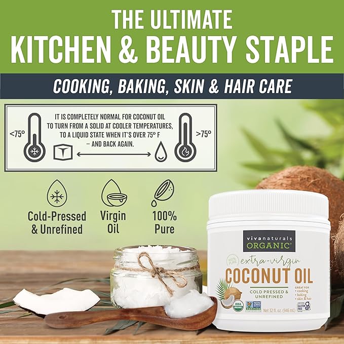 Viva Naturals Organic Coconut Oil - Unrefined and Cold-Pressed, Natural Hair Oil, Skin Oil and Cooking Oil with Fresh Flavor, Non-GMO Extra Virgin Coconut Oil (Aceite de Coco), USDA Organic, 32 Fl Oz (Pack of 1)