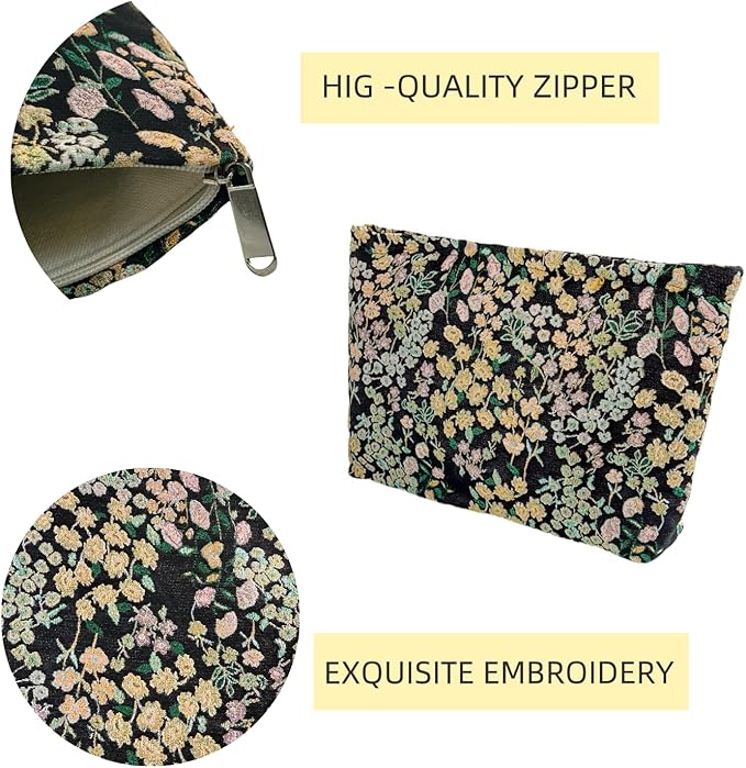 RIKMOXR 2 Pcs Makeup Bags, Large Cosmetic Bag Travel Toiletry Bag Organizer for Women, Embroidery Craft, Floral Makeup Bag Small Cosmetic Pouch Purse with Zipper Gifts for Girls Teen