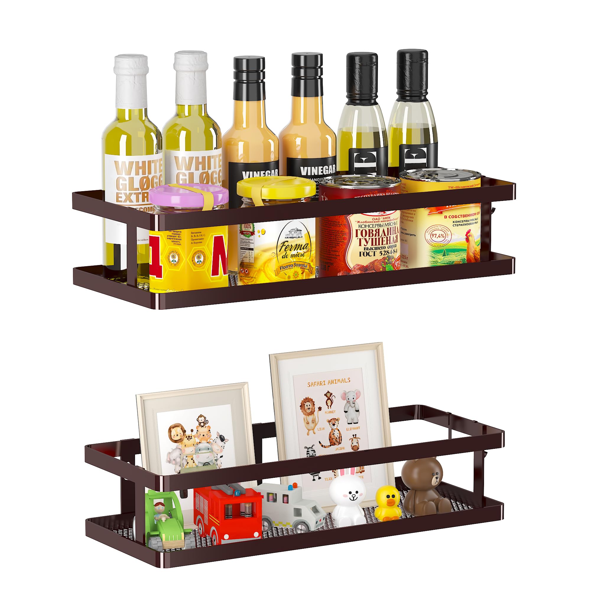 PUSDON 2-Pack Minimalist Shower Caddy Wall Mount, Open Frame Bathroom Shelf Organizer with Mesh Base, Rustproof Floating Spice Rack for Kitchen, Holds 50 LBS, 4 Hooks - Vintage Bronze, Guardrail