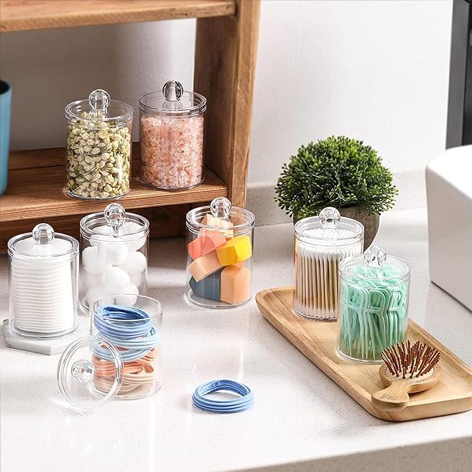 DIYOHFE 3PCS Acrylic Qtip Dispensers Holders With Clear lid, Clear Bathroom Round Countertop Storage Organizer Canister for Cotton Balls,Swabs,Pads,Bath Salts , Makeup Sponges,Tooth Floss