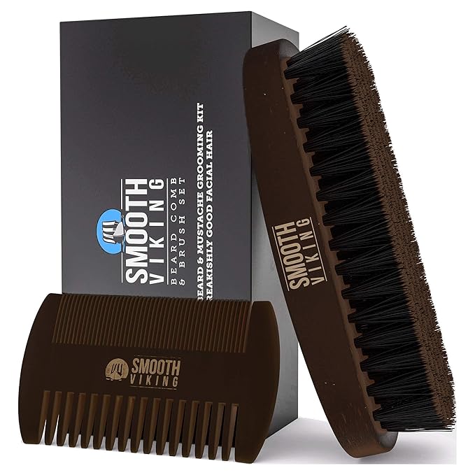 Smooth Viking Beard Brush for Men & Beard Comb Set - Beard Kit for Men with Natural Boar Bristle Barber Brush & Wooden Comb, Facial Hair Grooming & Shaping Tool Gift Set for Hair Products - Brown