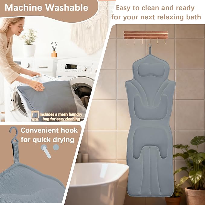 59'' Full Body Bath Pillow for Bathtub 6D Air Mesh 144 Suction Cups