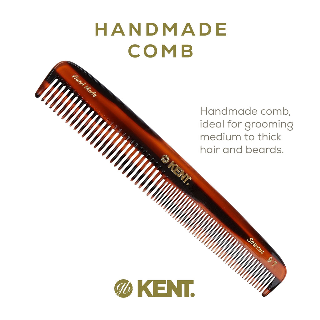 Kent 9T Tortoiseshell Fine and Wide Tooth Comb - Large Handmade and Saw-Cut Detangler for Wet Hair - Durable Grooming for Men and Women - Made in England