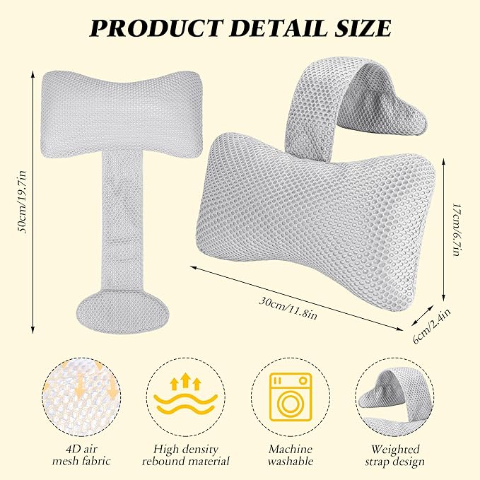 Keoltuo Hot Tub Pillow (2-Pack)，Bath Pillow for Headrest，Universal Spa Pillow Height Adjustable Chaise Lounge Pillow for Bathtub（Grey）