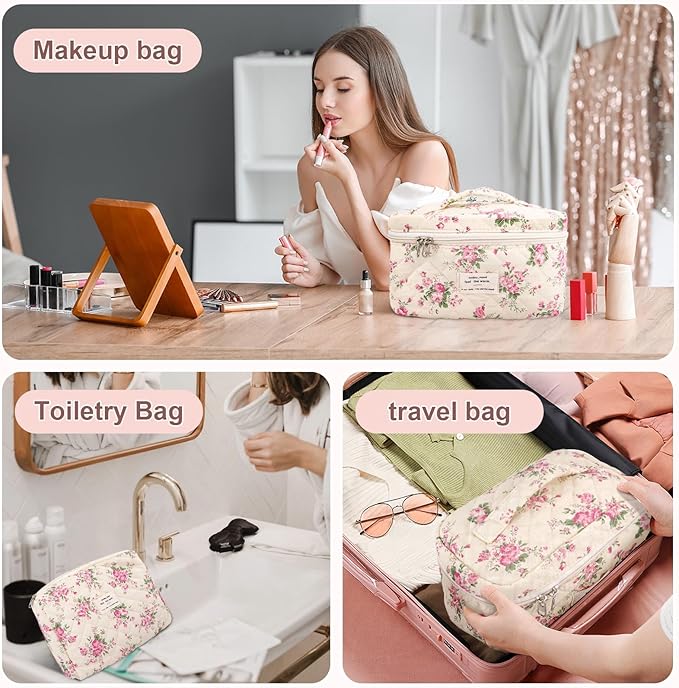 GISMTR 3Pcs Cotton Quilted Makeup Bag Large Travel Cosmetic Bag Coquette Makeup Pouch Cute Aesthetic Floral Toiletry Bag for Women Girls (flower-M)