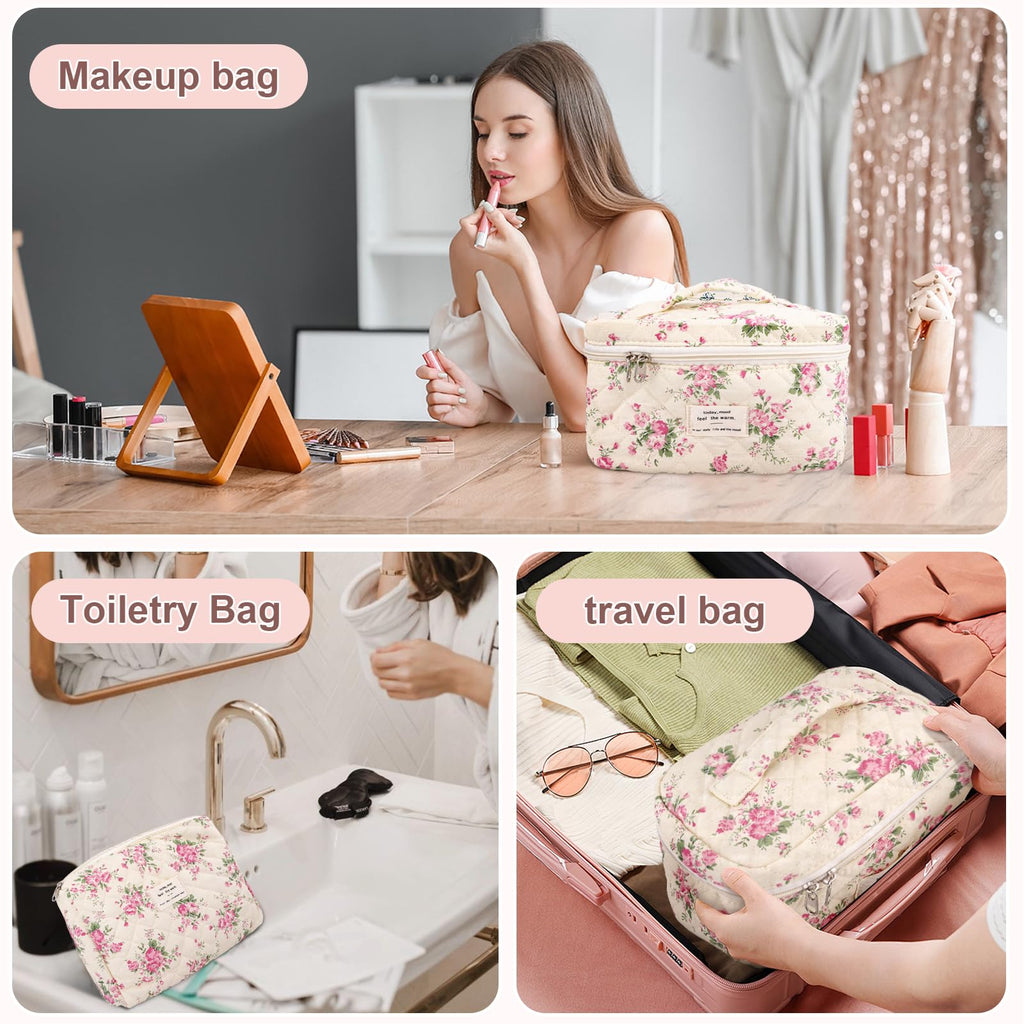 GISMTR 3Pcs Cotton Quilted Makeup Bag Large Travel Cosmetic Bag Coquette Makeup Pouch Cute Aesthetic Floral Toiletry Bag for Women Girls (flower-M)