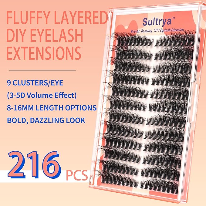 3D Multi-Layered Natural Lash Clusters 216PCS – DIY Eyelash Extensions, Faux Mink Cluster Lashes for Cat Eye&Fox Eye Look, Symmetric Full Volume False Eyelashes for Home Application (8-16mm)