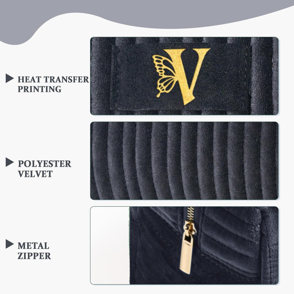 COSHAYSOO Birthday Gifts for Teens College Big Sister Girls Trip Gifts Favors Travel Makeup Bag Quilted Make Up Pouch Initial Velvet Cosmetic Case with Butterfly Decorations for Women Black Letter V