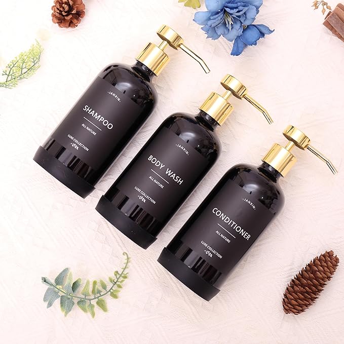 Janxin Shampoo and Conditioner Dispenser Set of 3,Refillable 21oz Shampoo Bottles with Non-Slip Protective Silicone Pad,Shower Soap Dispenser with Waterproof Labels for Bathroom (Black)