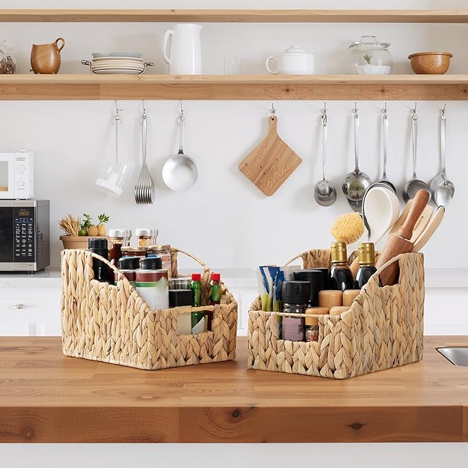 GRANNY SAYS Wicker Storage Baskets for Shelves, Trapezoid Woven Basket with Handles, Storage Wicker Baskets for Pantry, Water Hyacinth, 2-Pack