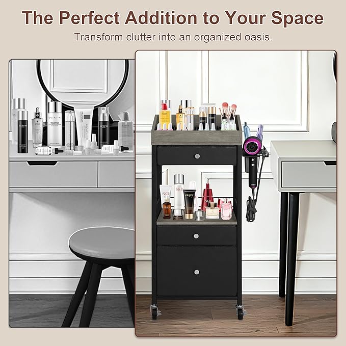 NauwaBarn Makeup Organizer Cart with 3 Drawers, Rolling Cosmetic Storage Cart with Adjustable Dividers, Detachable Hair Tool Holder & Lockable Wheels, Vanity Organizer for Small Spaces, Black & Grey