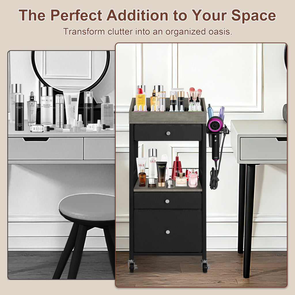 NauwaBarn Makeup Organizer Cart with 3 Drawers, Rolling Cosmetic Storage Cart with Adjustable Dividers, Detachable Hair Tool Holder & Lockable Wheels, Vanity Organizer for Small Spaces, Black & Grey