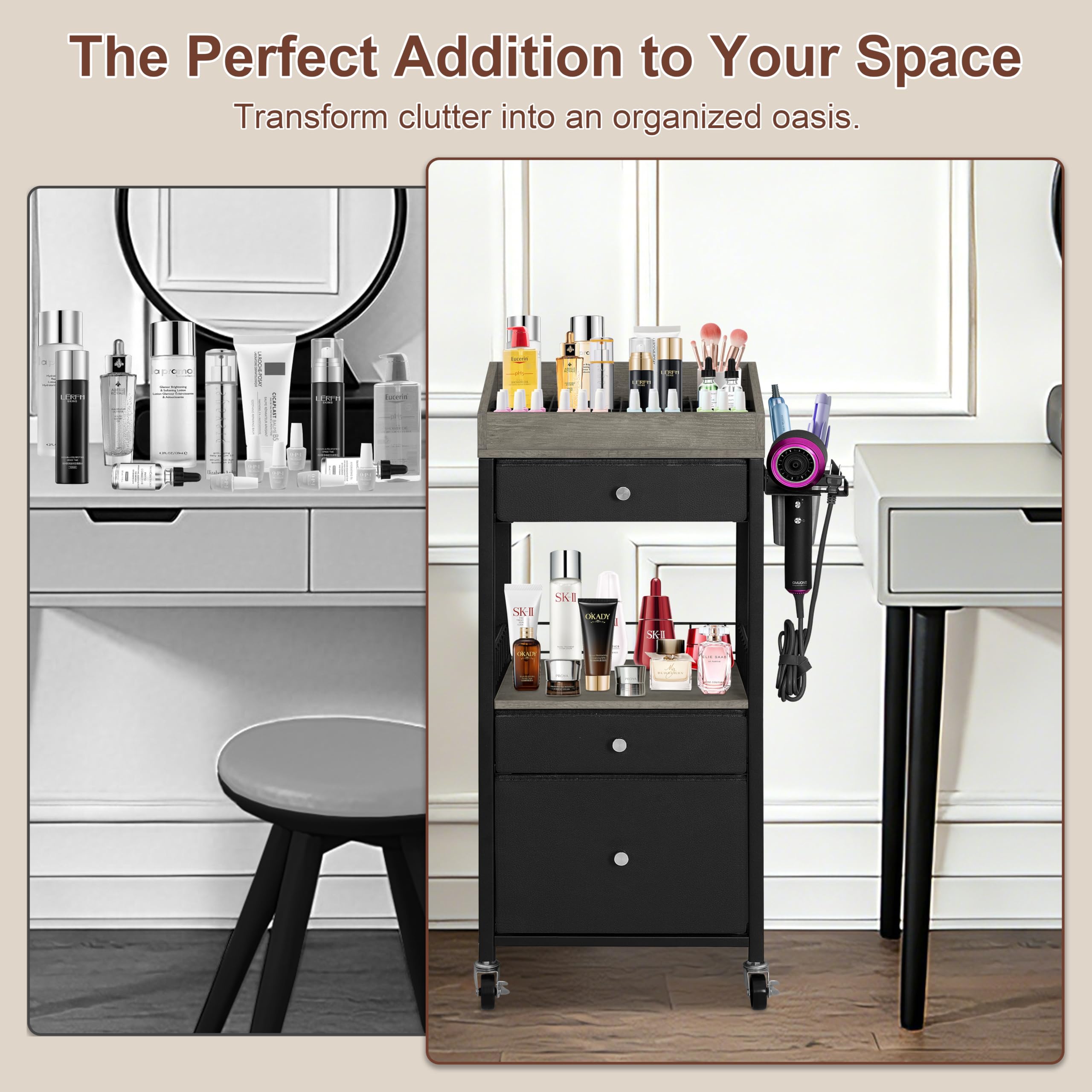NauwaBarn Makeup Organizer Cart with 3 Drawers, Rolling Cosmetic Storage Cart with Adjustable Dividers, Detachable Hair Tool Holder & Lockable Wheels, Vanity Organizer for Small Spaces, Black & Grey