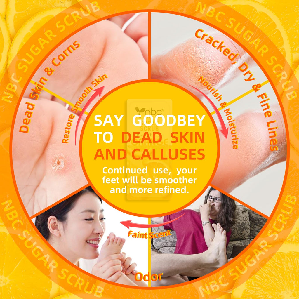 nbc BeautiLab Foot Exfoliating, Sugar Scrub, Dead Skin Remover for Feet, Individually Packaged Foot Scrub Smooths, Hydrates, Detoxifies Tired and Dry Cracked Feet 16 Packs per Box,Orange scent